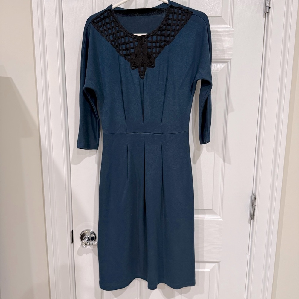 Blue Teal Knit Midi Dress with Black Lace Detail